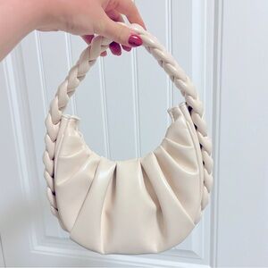 Madison West Round Light Cream White Beige Braided Handle Handheld Purse Bag